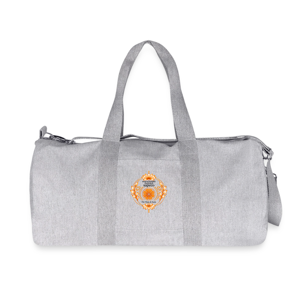 Graue Sakralchakra-Sporttasche von ungeschminkt natürlich sapeco mit orangefarbenem Lotusmotiv und abnehmbarem Schultergurt.
