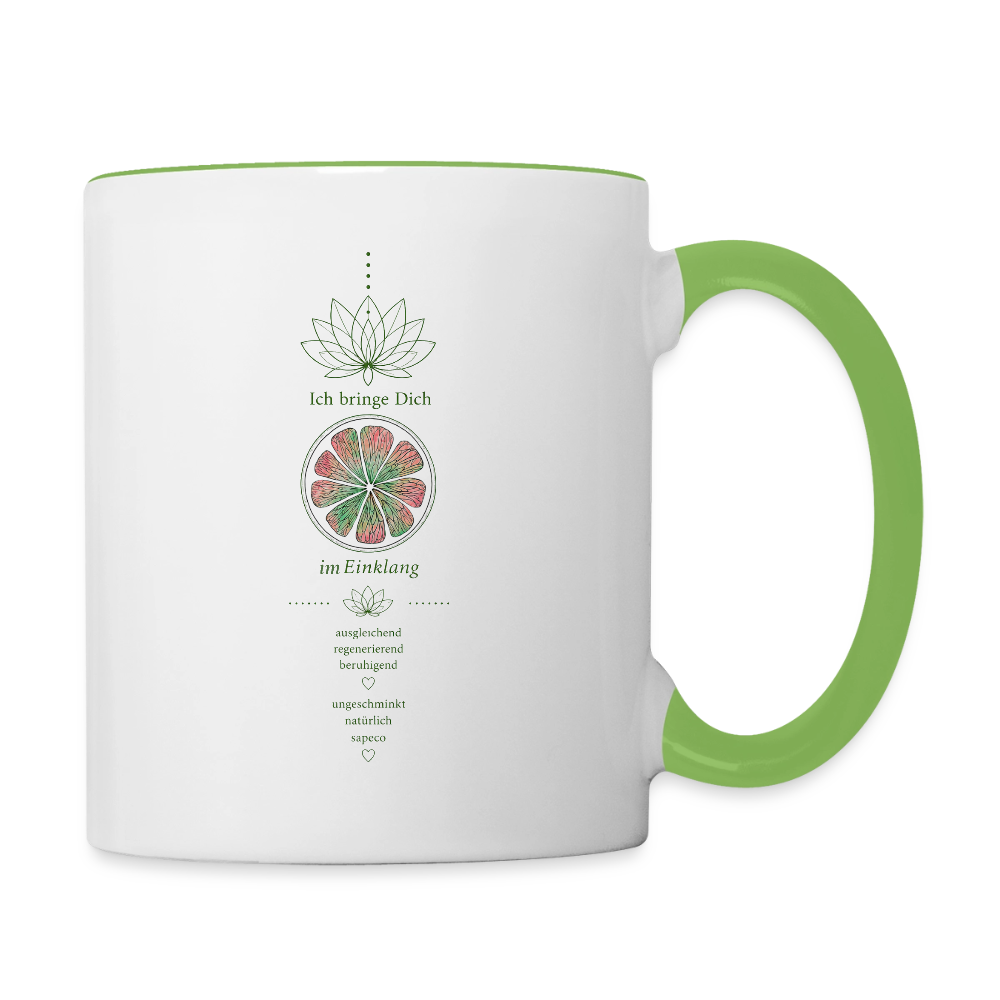 Weiße Herzchakra-Tasse mit grünem Henkel und Motiv „Ich bringe Dich im Einklang“ von sapeco