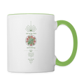 Weiße Herzchakra-Tasse mit grünem Henkel und Motiv „Ich bringe Dich im Einklang“ von sapeco
