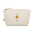 Naturfarbene Kosmetiktasche aus Bio-Baumwolle mit orangefarbenem Sakralchakra-Motiv „Ich bin Lebensfreude“ und Reißverschluss – ungeschminkt natürlich sapeco.