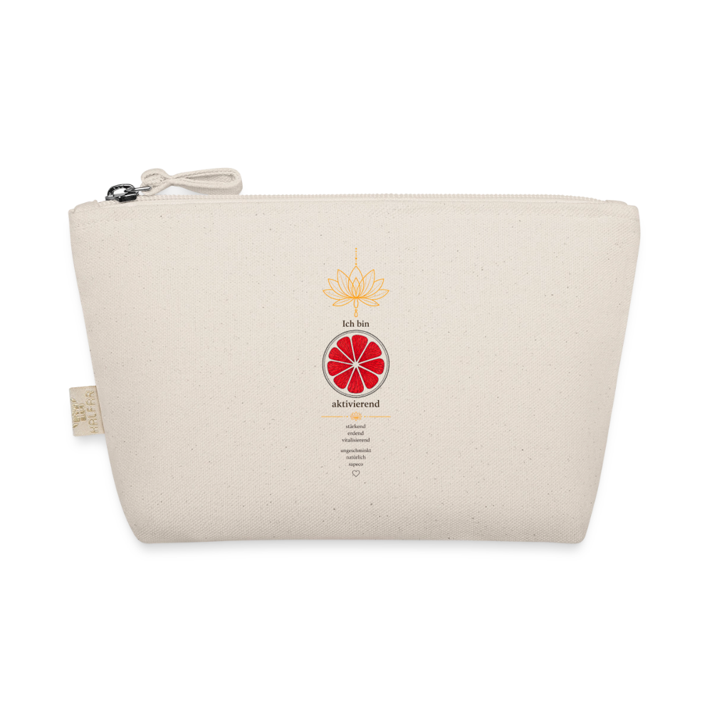 Naturfarbene Kosmetiktasche von ungeschminkt natürlich sapeco mit rotem Wurzelchakra-Motiv, goldener Lotusblume und Aufschrift „Ich bin aktivierend“.