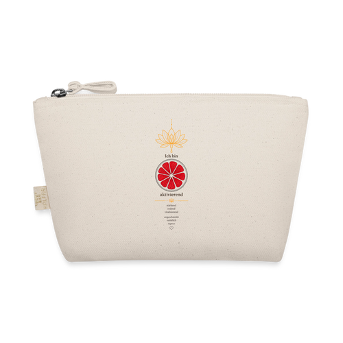 Naturfarbene Kosmetiktasche von ungeschminkt natürlich sapeco mit rotem Wurzelchakra-Motiv, goldener Lotusblume und Aufschrift „Ich bin aktivierend“.
