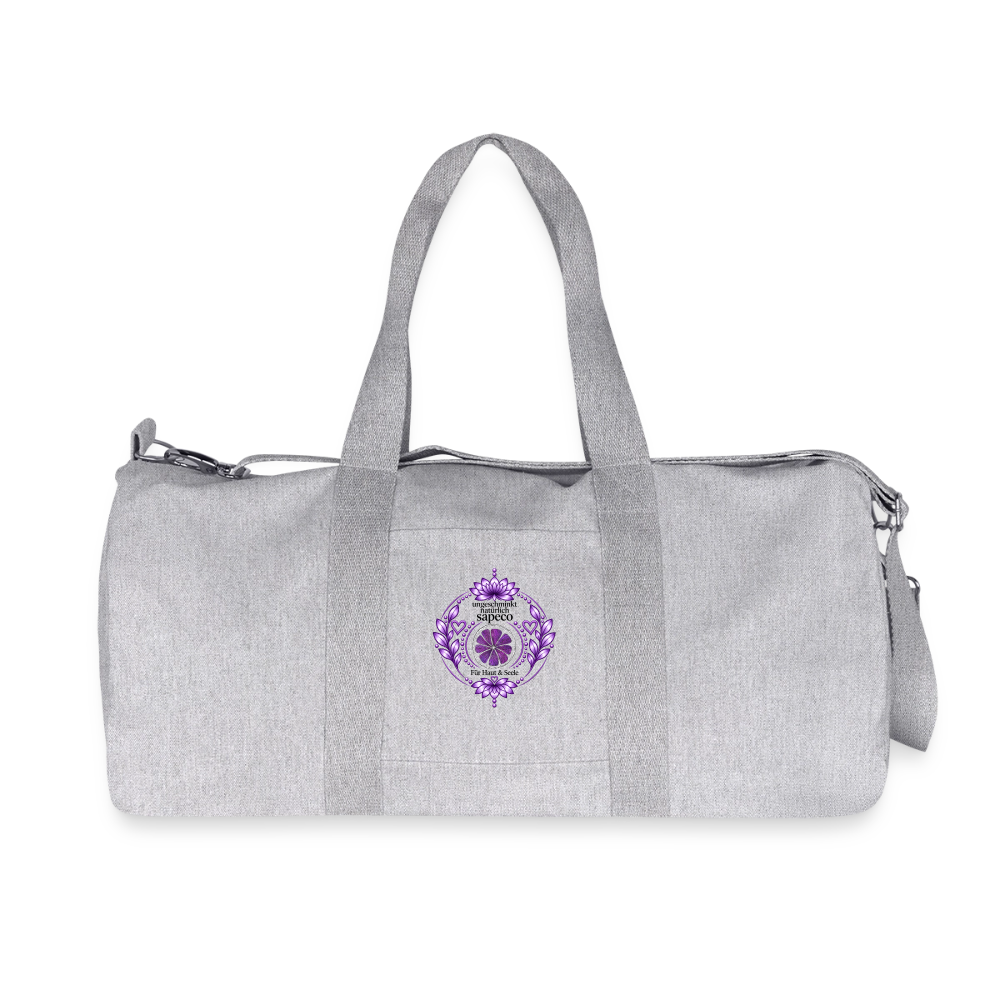 Graue Kronenchakra-Sporttasche von ungeschminkt natuerlich sapeco mit violettem Lotusmotiv, zwei Tragegriffen und abnehmbarem Schultergurt – Vorderansicht.