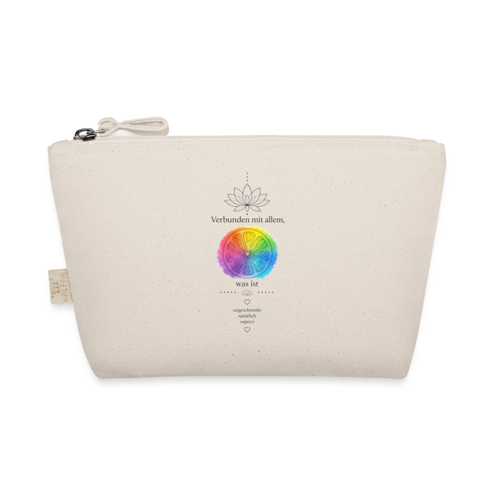 Naturfarbene Kosmetiktasche von ungeschminkt natürlich sapeco mit buntem Regenbogen-Chakra-Motiv, Lotusblume und Reißverschluss.