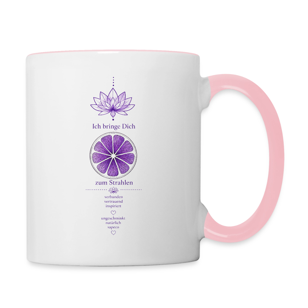 Weiße Tasse mit rosa Henkel und violettem Kronenchakra-Motiv „Ich bringe Dich zum Strahlen“ von ungeschminkt natürlich sapeco