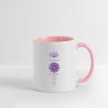 Weiße Tasse „Ich bringe Dich zum Strahlen“ mit rosa Henkel und violettem Kronenchakra-Motiv von ungeschminkt natürlich sapeco
