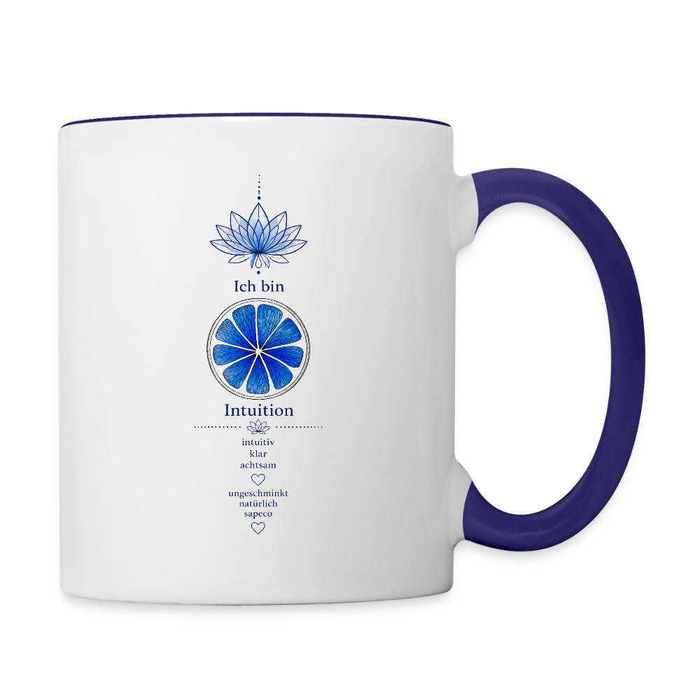 Stirnchakra-Tasse „Ich bin Intuition“ mit dunkelblauem Henkel und sapeco Chakra-Motiv