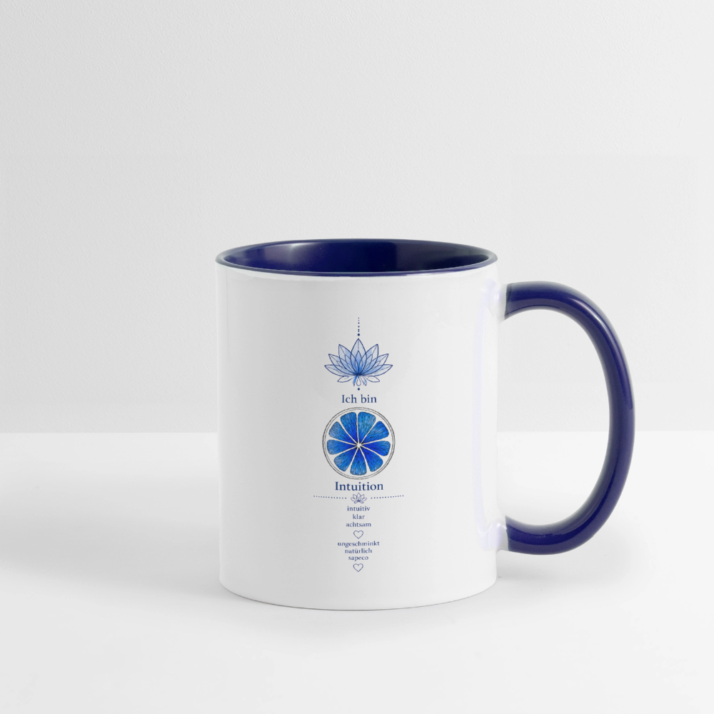 Stirnchakra-Tasse „Ich bin Intuition“ mit dunkelblauer Innenseite, Henkel und sapeco Chakra-Motiv