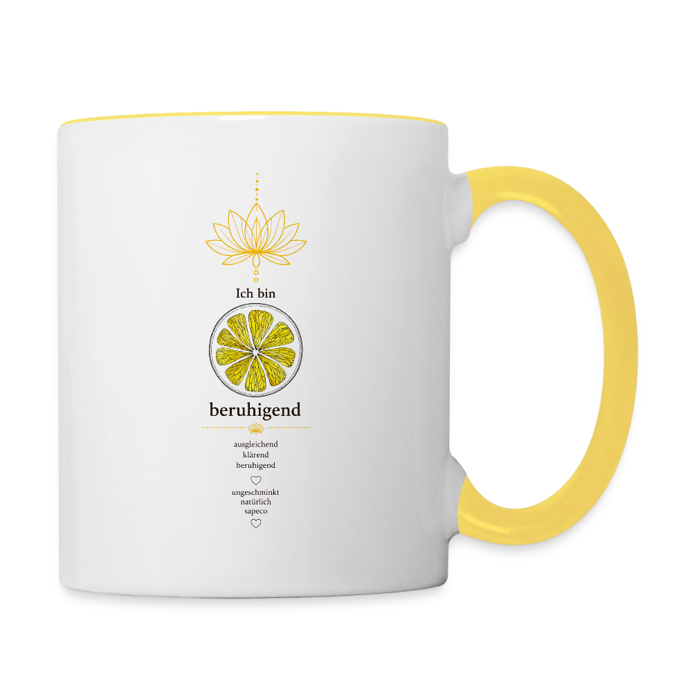 Freigestellte weiße sapeco Tasse mit gelbem Henkel und Solarplexuschakra-Motiv „Ich bin beruhigend“