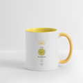 Weiße sapeco Tasse mit gelbem Henkel und Solarplexuschakra-Motiv „Ich bin beruhigend“