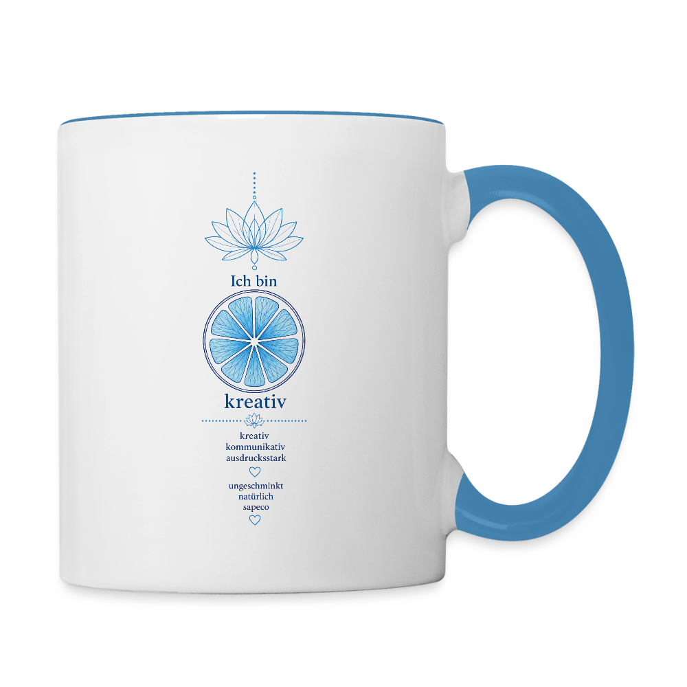 Halschakra-Tasse „Ich bin kreativ“ mit hellblauem Henkel und sapeco Chakra-Motiv