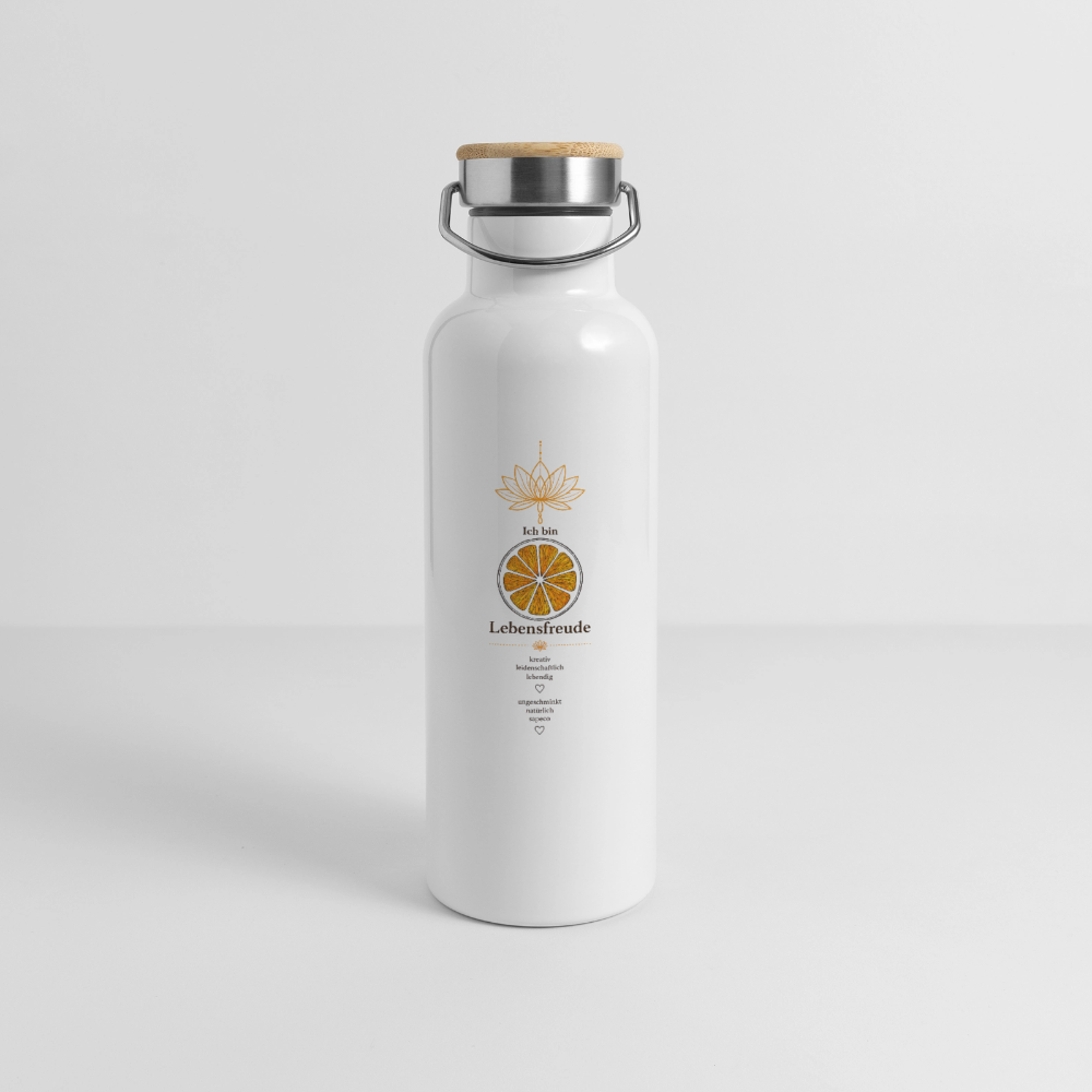 Weiße Thermoflasche „Ich bin Lebensfreude“ mit Bambusdeckel und orangefarbenem Sakralchakra-Motiv