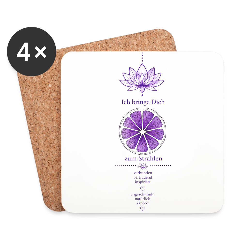 4er-Set Untersetzer „Ich bringe Dich zum Strahlen“ mit violettem Kronenchakra-Motiv von ungeschminkt natürlich sapeco