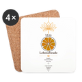 4er-Set Untersetzer „Ich bin Lebensfreude“ mit orangefarbenem Sakralchakra-Motiv und Korkrückseite