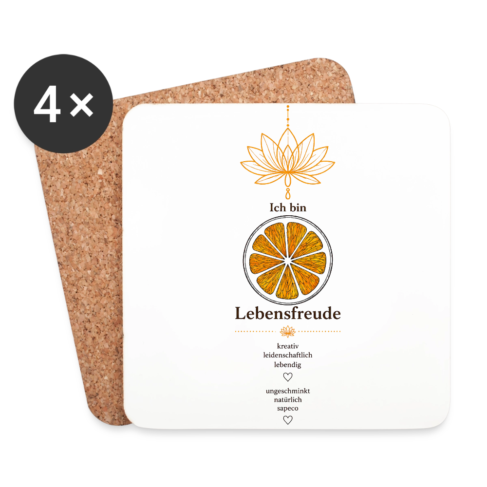 4er-Set Untersetzer „Ich bin Lebensfreude“ mit orangefarbenem Sakralchakra-Motiv und Korkrückseite