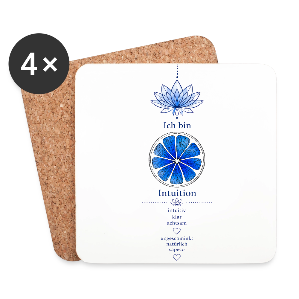 4er-Set Stirnchakra-Untersetzer „Ich bin Intuition“ mit dunkelblauem sapeco Chakra-Motiv