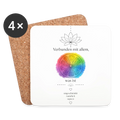 Untersetzer „Verbunden mit allem, was ist“ – 4er-Set in Weiß mit buntem Regenbogenmotiv, Lotusblume und Korkunterseite von sapeco.