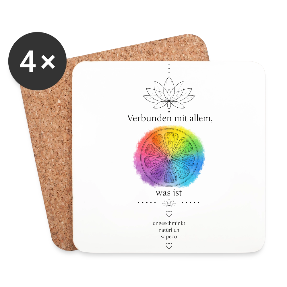 Untersetzer „Verbunden mit allem, was ist“ – 4er-Set in Weiß mit buntem Regenbogenmotiv, Lotusblume und Korkunterseite von sapeco.