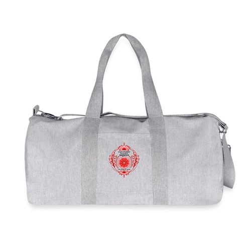 Graue Wurzelchakra-Sporttasche von ungeschminkt natürlich sapeco mit rotem Chakra-Motiv und Lotusblüte auf der Vorderseite.