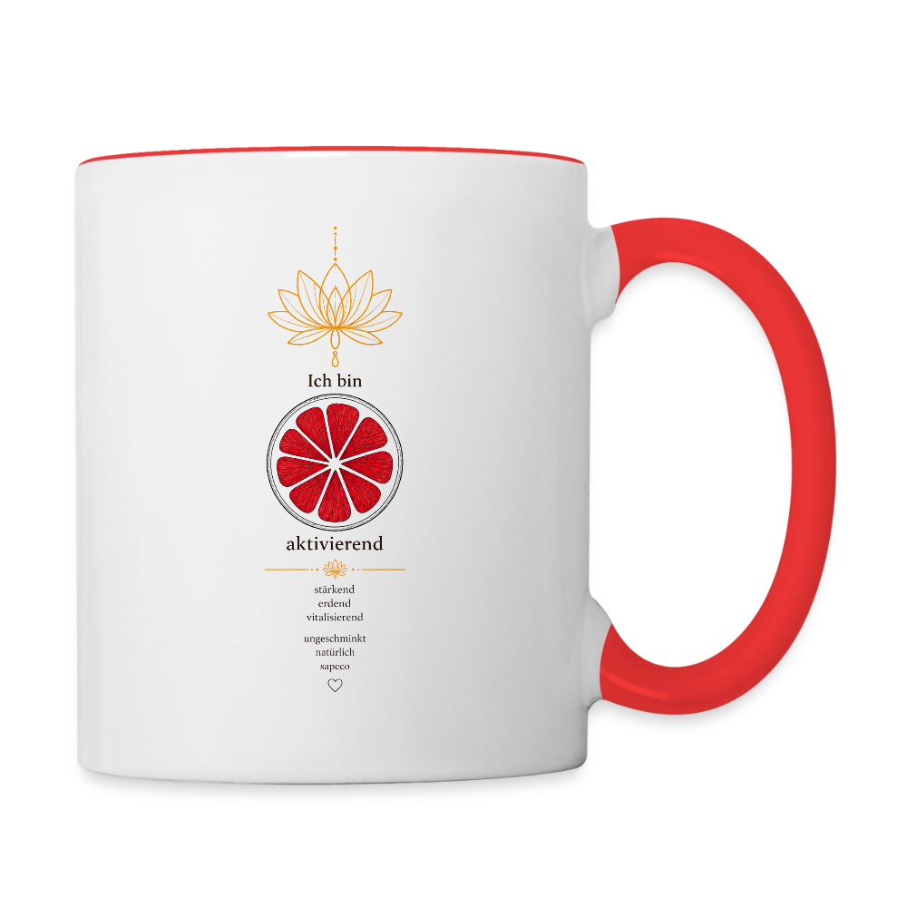 Wurzelchakra Tasse „Ich bin aktivierend“ von sapeco – Produktansicht in Weiß und Rot