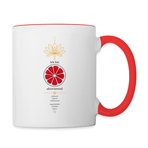 Wurzelchakra Tasse „Ich bin aktivierend“ von sapeco – Produktansicht in Weiß und Rot