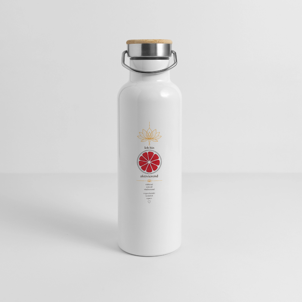Weiße Wurzelchakra-Thermoflasche „Ich bin aktivierend“ von sapeco mit Bambusdeckel