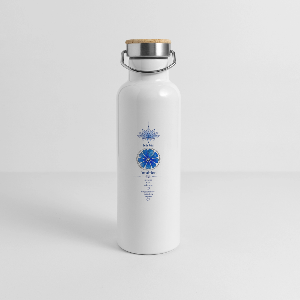 Weiße Thermosflasche „Ich bin Intuition“ mit dunkelblauem Stirnchakra-Motiv und Bambusdeckel