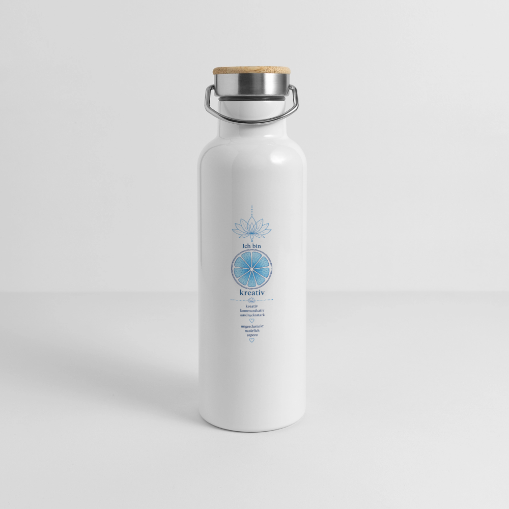 Weiße Thermosflasche „Ich bin kreativ“ mit hellblauem Halschakra-Motiv und Bambusdeckel