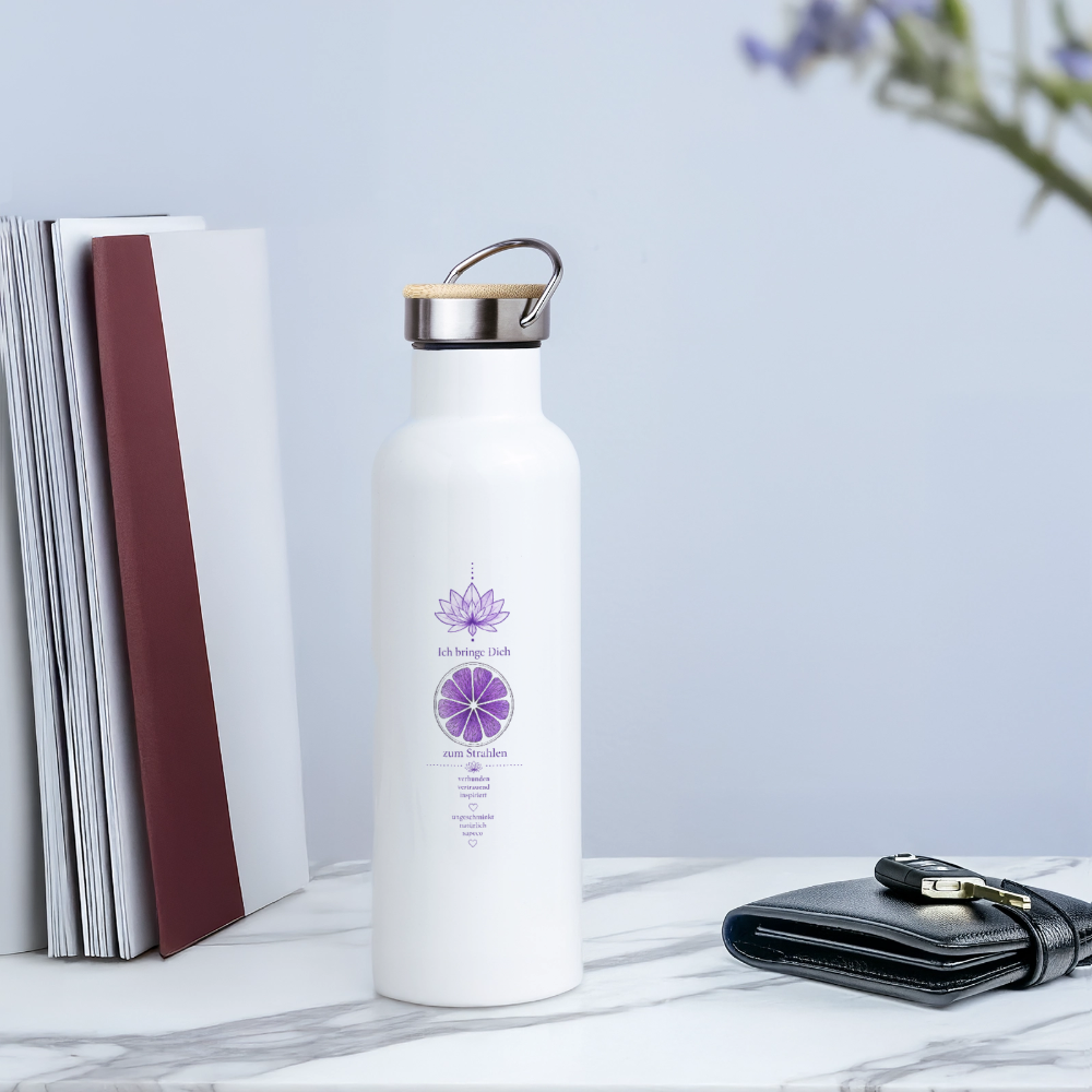 Weiße Thermosflasche „Ich bringe Dich zum Strahlen“ mit violettem Kronenchakra-Motiv und Bambusdeckel