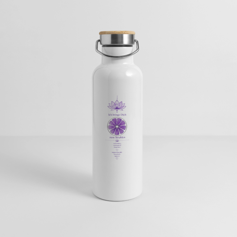Weiße Thermosflasche „Ich bringe Dich zum Strahlen“ mit violettem Kronenchakra-Motiv und Bambusdeckel
