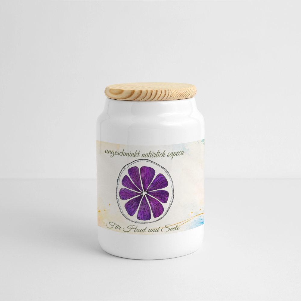 Weiße Panorama-Keksdose mit Holzdeckel im violetten Kronenchakra-Design von ungeschminkt natürlich sapeco – Für Haut & Seele