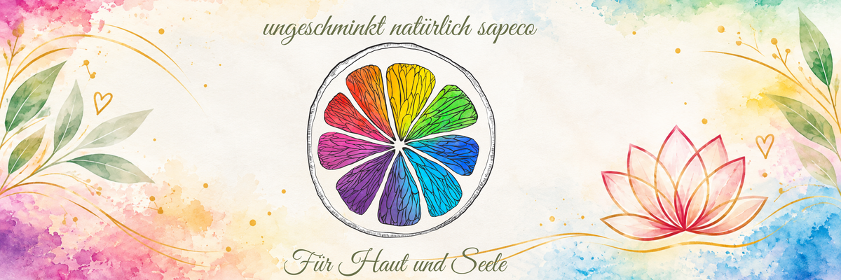 Panorama-Design der Keksdose mit bunter Fruchtscheibe in den Farben aller Chakren von ungeschminkt natürlich sapeco
