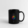 Schwarze sapeco Keramiktasse mit farbenfrohem Chakra-Motiv, Lotusblume und dem Schriftzug „Verbunden mit allem, was ist“ auf weißem Hintergrund.