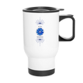 Weißer Chakra-Thermobecher von ungeschminkt natürlich sapeco mit dunkelblauem Stirnchakra-Motiv, Lotusblumen und der Aufschrift Ich bin Intuition.