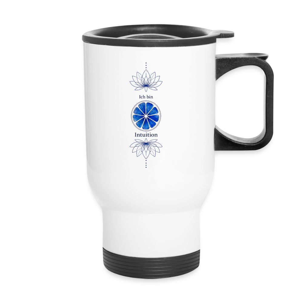 Weißer Chakra-Thermobecher von ungeschminkt natürlich sapeco mit dunkelblauem Stirnchakra-Motiv, Lotusblumen und der Aufschrift Ich bin Intuition.