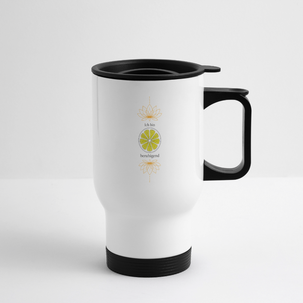 Weißer Chakra-Thermobecher mit gelbem Solarplexuschakra-Motiv von der Seite, mit schwarzem Henkel und Trinkdeckel.