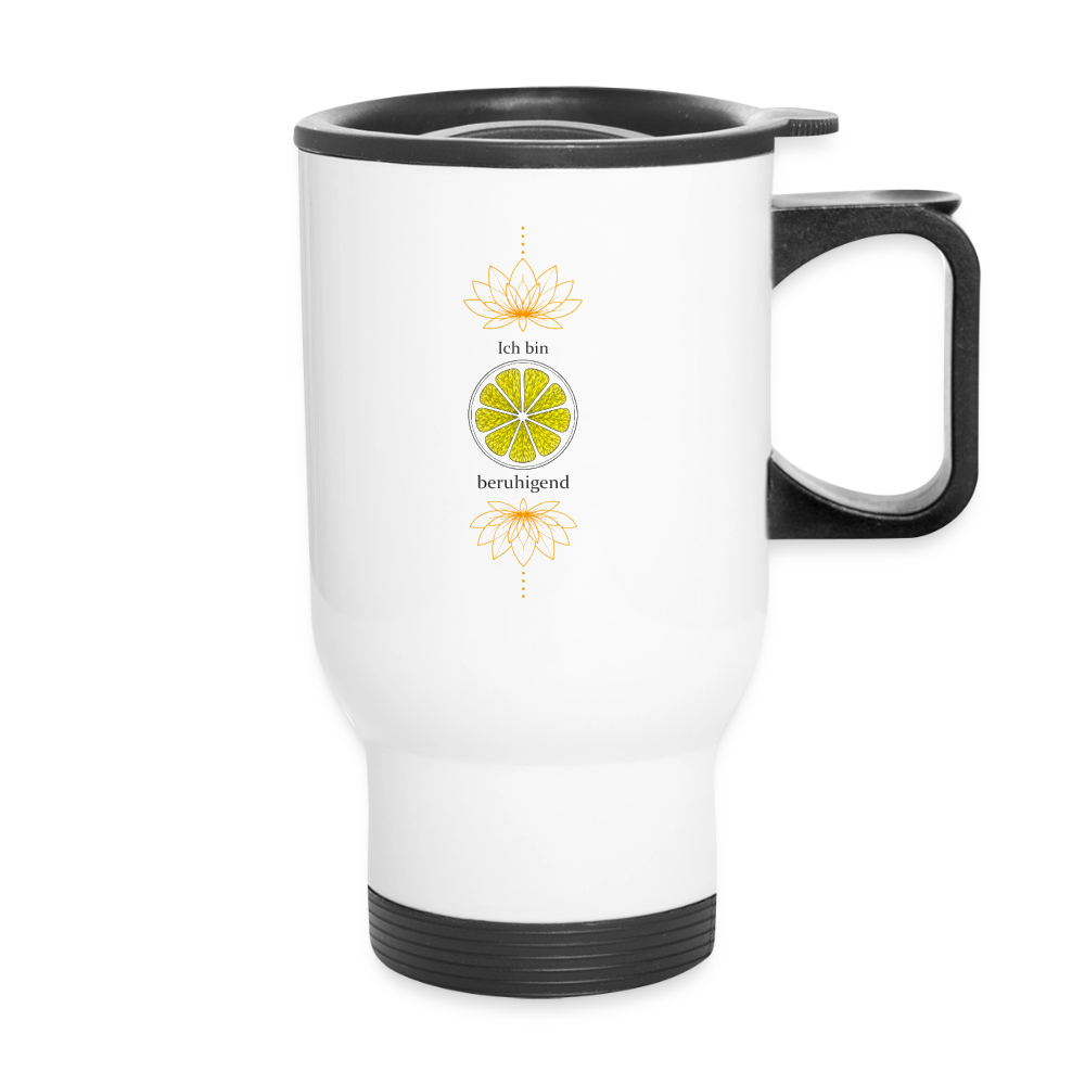 Weißer Chakra-Thermobecher von ungeschminkt natürlich sapeco mit gelbem Solarplexuschakra-Motiv, goldenen Lotusblüten und schwarzem Henkel.