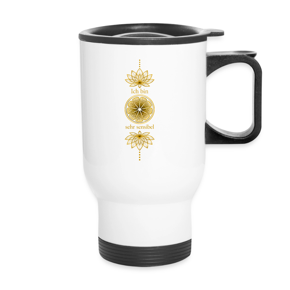 Weißer Chakra-Thermobecher von ungeschminkt natürlich sapeco mit goldenem Aurachakra-Motiv, Lotusblumen und der Aufschrift Ich bin sehr sensibel.