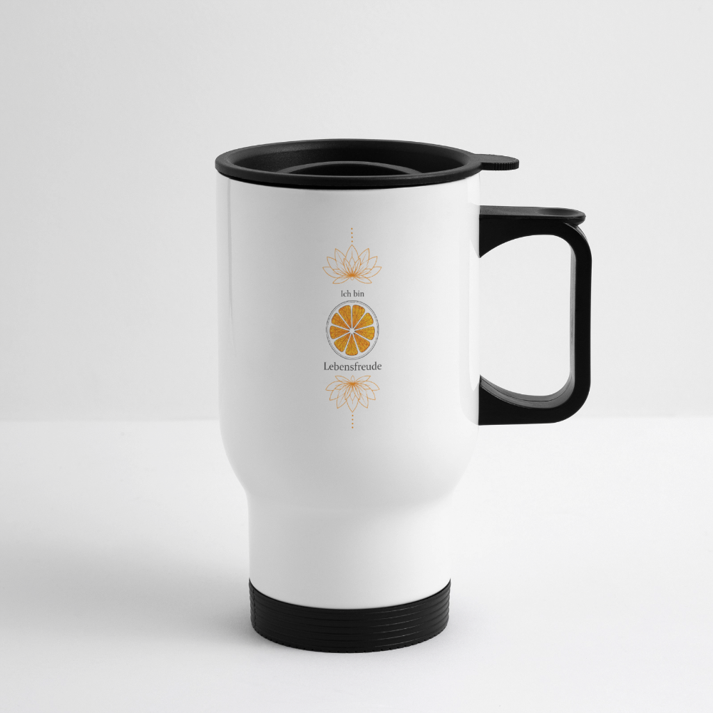 Weißer Chakra-Thermobecher mit orangefarbenem Sakralchakra-Motiv von der Seite, mit schwarzem Henkel und Trinkdeckel.