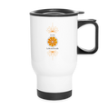 Weißer Chakra-Thermobecher von ungeschminkt natürlich sapeco mit orangefarbenem Sakralchakra-Motiv, goldenen Lotusblüten und schwarzem Henkel.