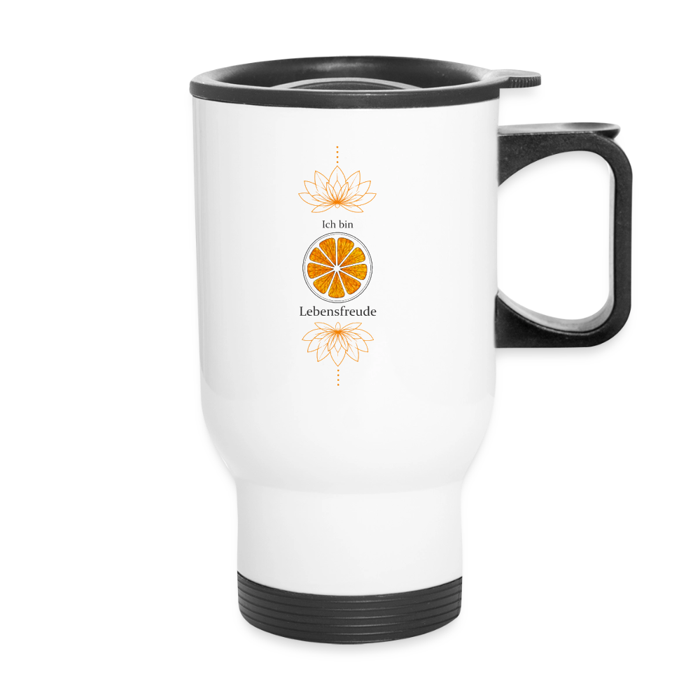 Weißer Chakra-Thermobecher von ungeschminkt natürlich sapeco mit orangefarbenem Sakralchakra-Motiv, goldenen Lotusblüten und schwarzem Henkel.