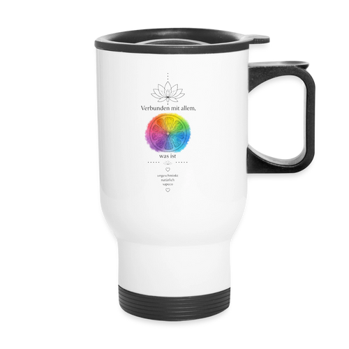 Weißer Chakra-Thermobecher von ungeschminkt natürlich sapeco mit buntem Regenbogen-Chakra, Lotusblume und dem Schriftzug „Verbunden mit allem, was ist“.
