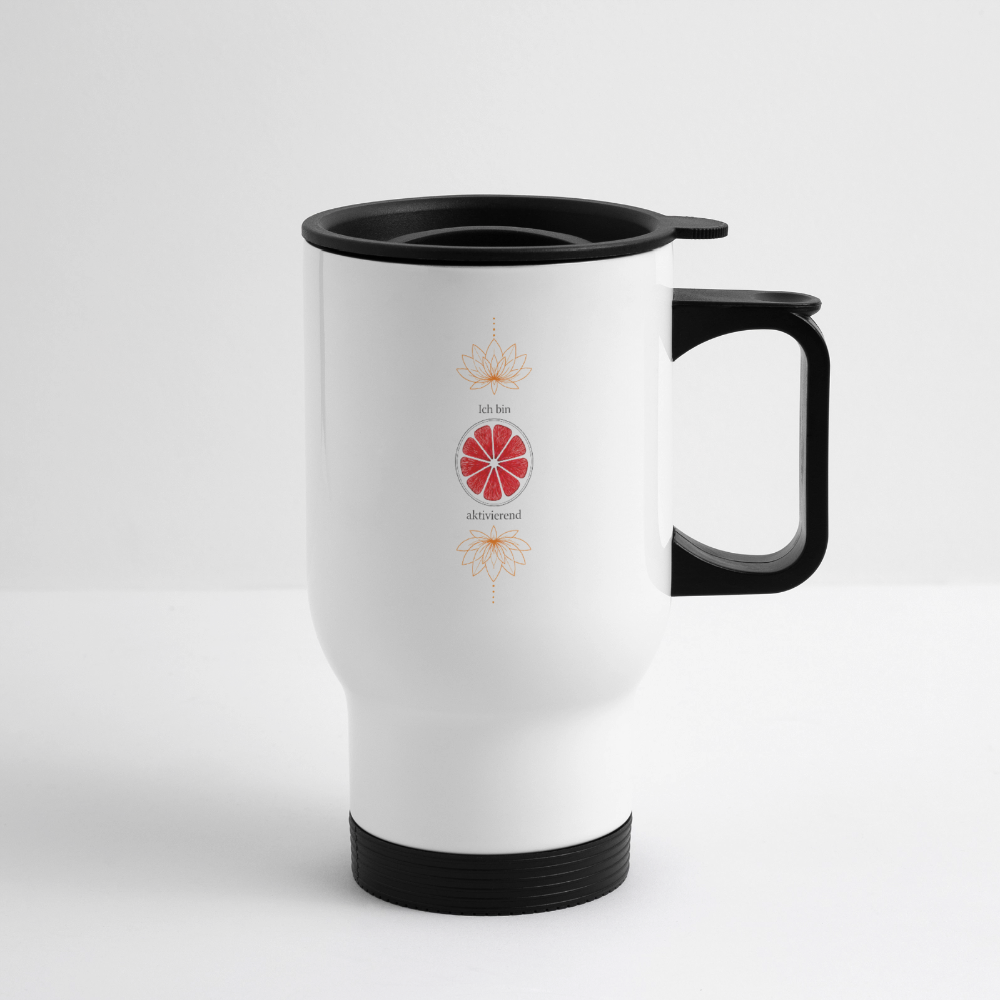 Weißer Chakra-Thermobecher mit rotem Wurzelchakra-Motiv von der Seite, mit schwarzem Henkel und Trinkdeckel.