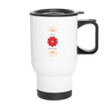 Weißer Chakra-Thermobecher von ungeschminkt natürlich sapeco mit rotem Wurzelchakra-Motiv, goldenen Lotusblüten und schwarzem Henkel.