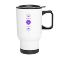 Weißer Chakra-Thermobecher von ungeschminkt natürlich sapeco mit violettem Kronenchakra-Motiv, Lotusblüten und der Aufschrift Ich bringe Dich zum Strahlen.