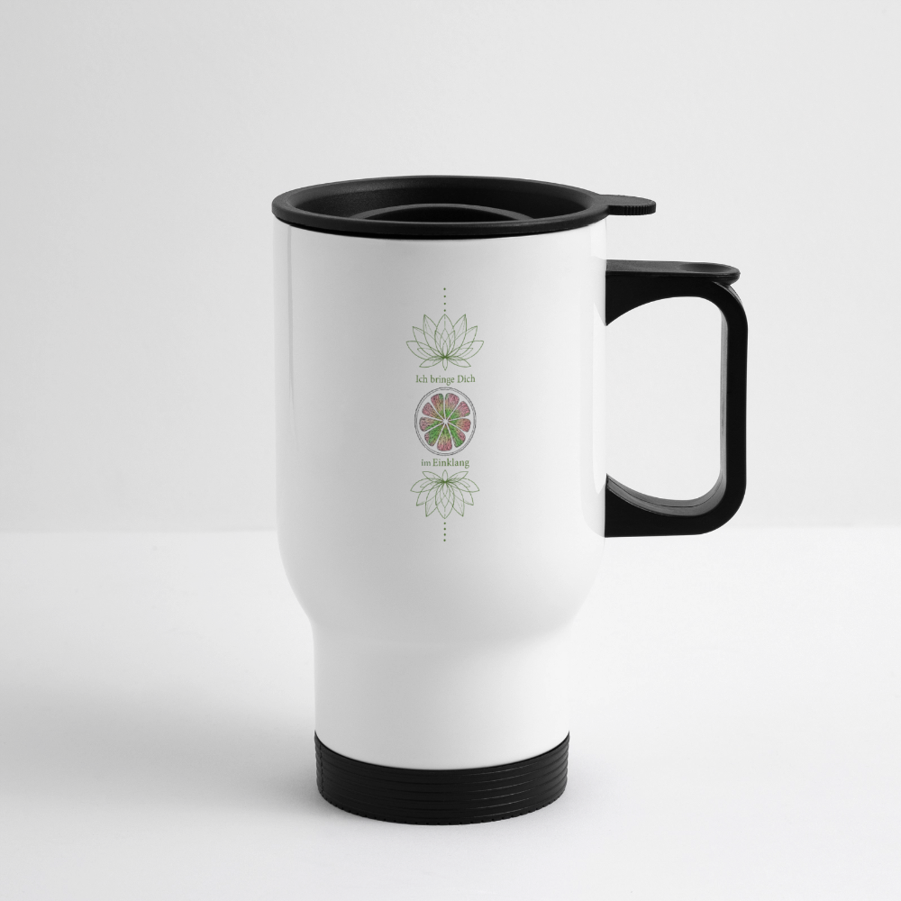 Weißer Herzchakra-Thermobecher von ungeschminkt natürlich sapeco in der Seitenansicht mit rosa-grünem Chakra-Motiv, schwarzem Henkel und Trinkdeckel.