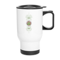 Weißer Chakra-Thermobecher von ungeschminkt natürlich sapeco mit Herzchakra-Motiv in Rosa und Grün, Lotusblüten und schwarzem Henkel.