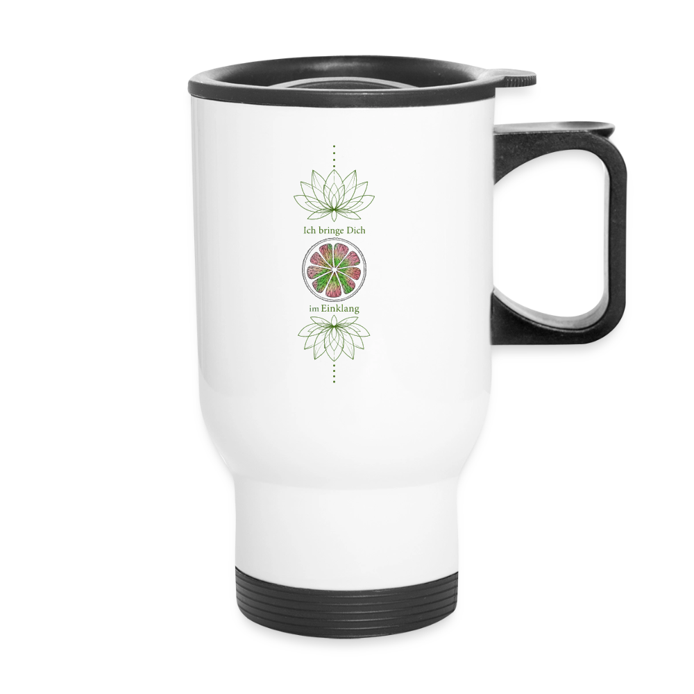 Weißer Chakra-Thermobecher von ungeschminkt natürlich sapeco mit Herzchakra-Motiv in Rosa und Grün, Lotusblüten und schwarzem Henkel.