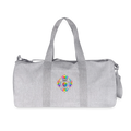Graue Chakra-Sporttasche von ungeschminkt natürlich sapeco mit buntem Lotus-Motiv und Regenbogen-Fruchtscheibe auf der Vorderseite.